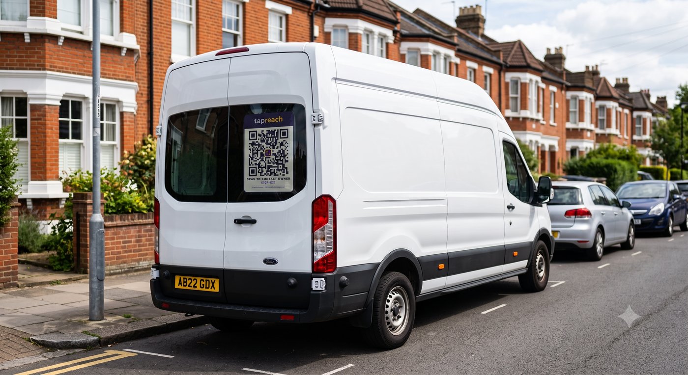 Delivery van with TapReach QR sticker on rear window